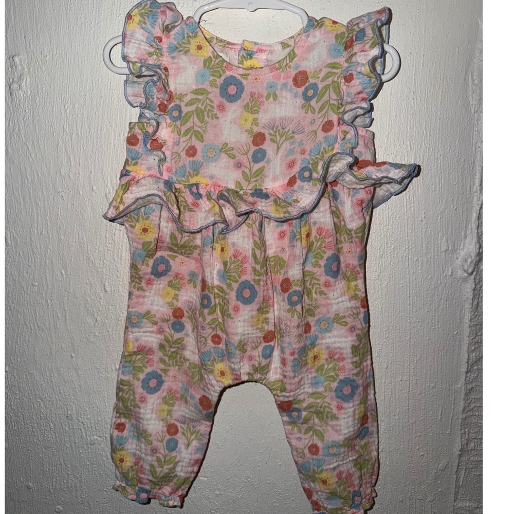 Mud Pie Baby Girl Floral Bunny Muslin Romper Pink Blue Ruffle 3-6M